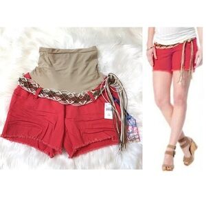 Wallflower Maternity Coral Orange Fringe Hem Belted Denim Shorts Size Large